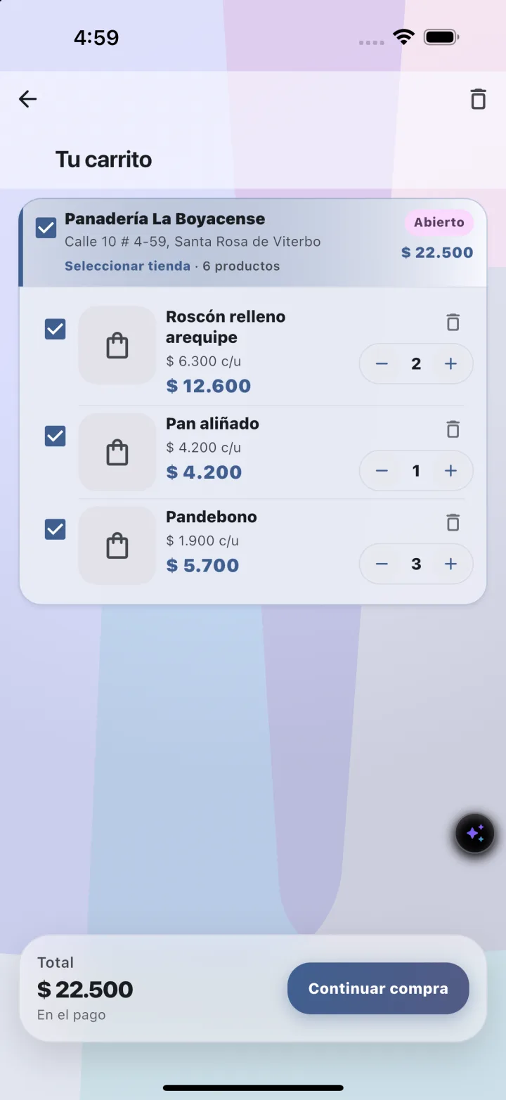 Pantalla de pedido con método de entrega y pago